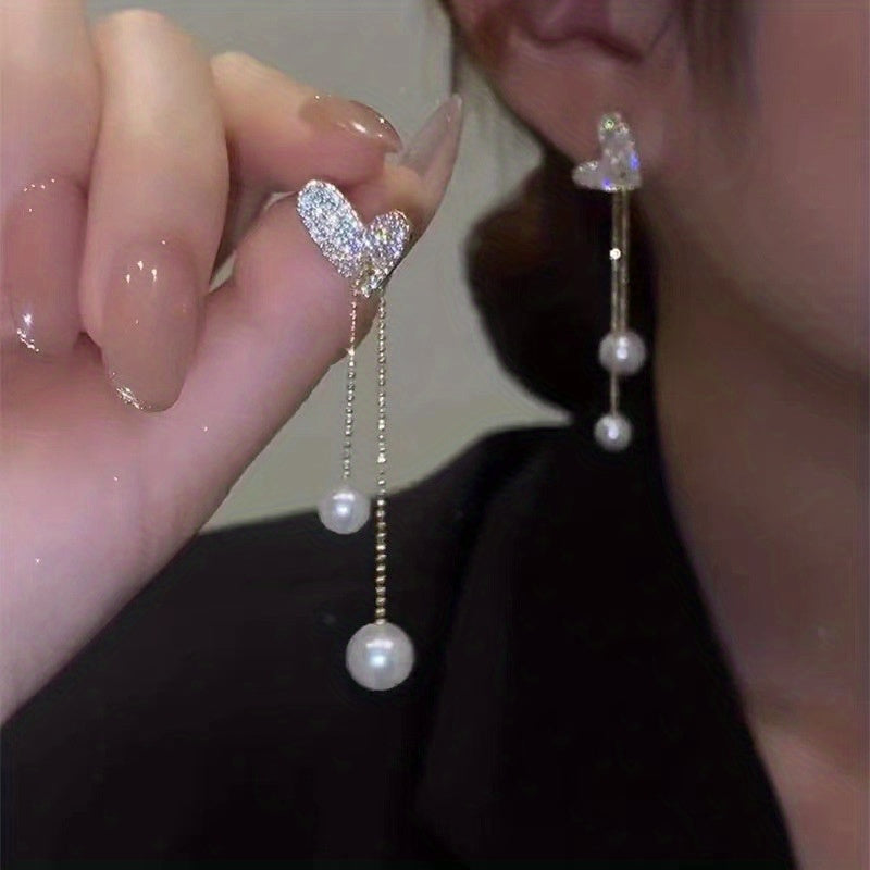 Unleash Your Personality with our Asymmetric Full Zircon Heart Shaped Tassel Earrings for Women and Girls