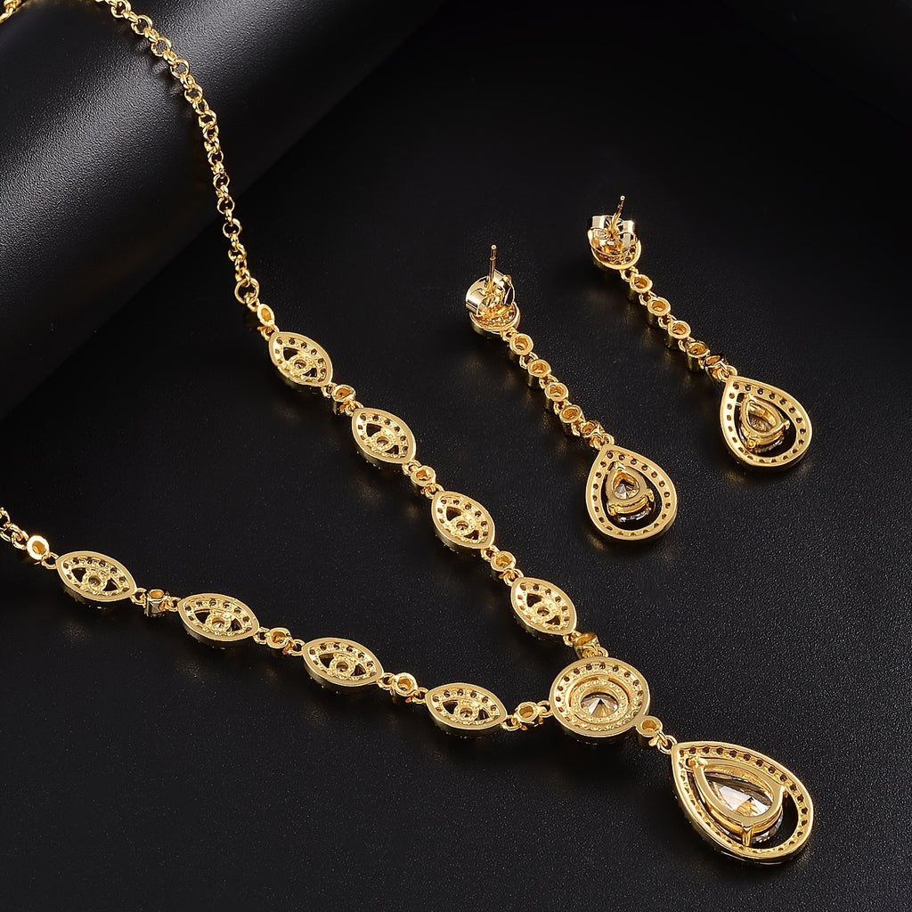 Elegant Water Drop Zircon Jewelry Set - 18K Gold Plated Earrings and Necklace for Women and Girls