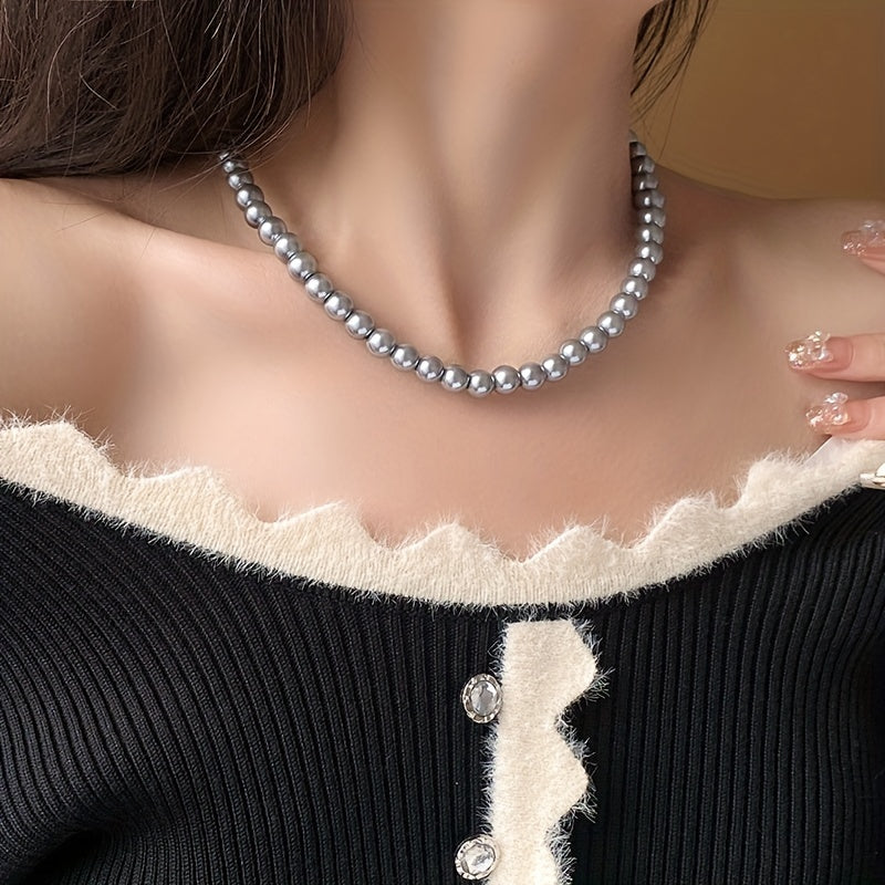 Vintage Style Faux Pearl Necklace - Elegant Silver Gray Beads for Women - Perfect Gift Idea