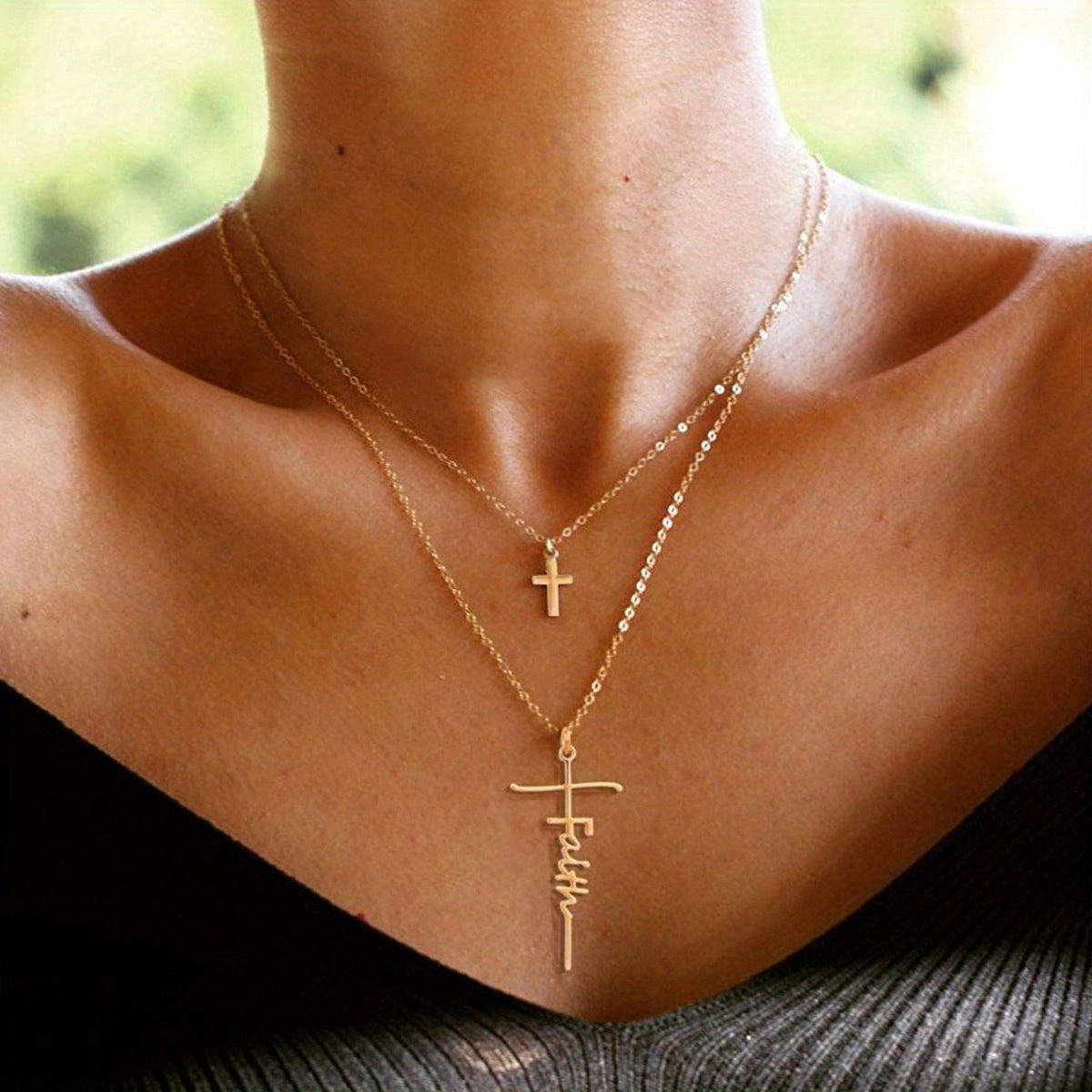 Simple Style Golden Cross Faith Multilayer Necklace Set Female Neck Jewelry Gift Accessories