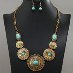 Vintage Native Green Flower Embedded Resin Necklace Earrings Set - Perfect for Summer!