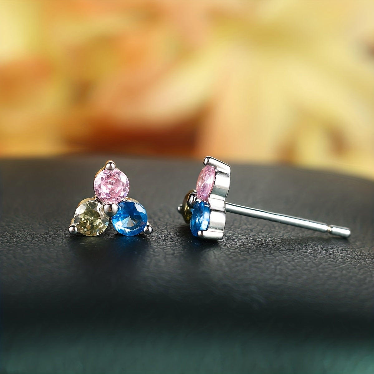 3 Colorful Shiny Zircon Decor Stud Earrings Bohemian Cute Style Copper Jewelry Daily Wear Accessories Female Gift