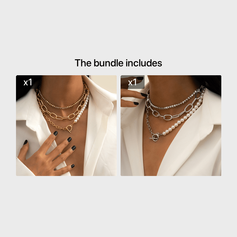 Gorgeous 3-Piece Vintage Necklace Set with Bold Chain, Faux Diamond & Pearl for Women - Retro Original Design