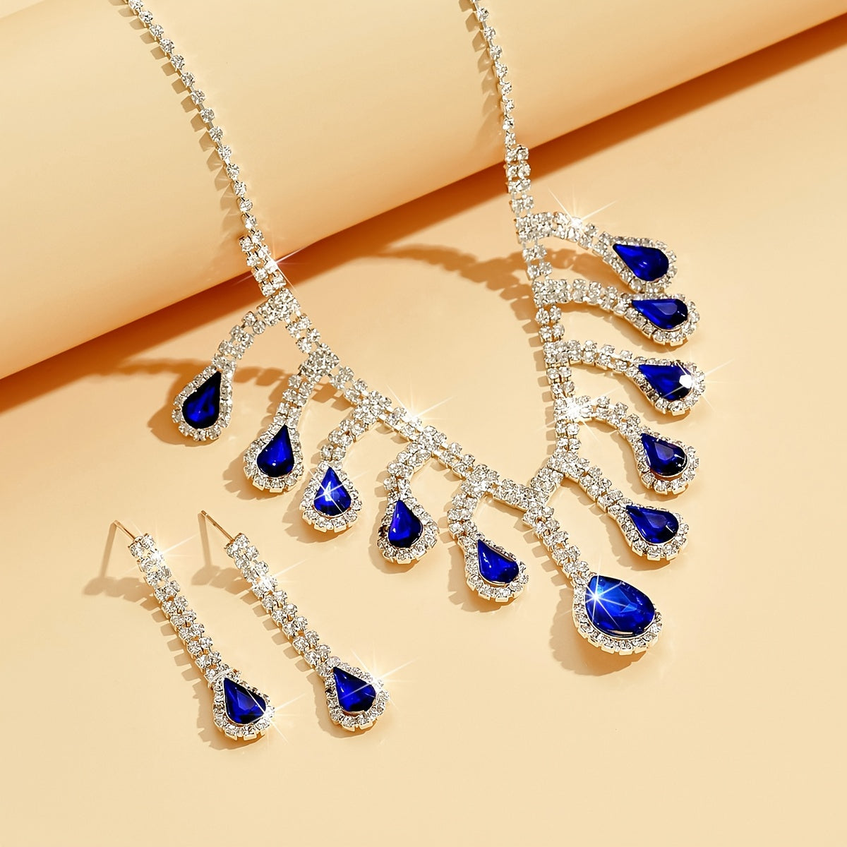 3pcs Earrings Plus Necklace Silver Plated Inlaid Rhinestone Ocean Blue Zircon In Teardrop Shape Evening Party Decor For Female