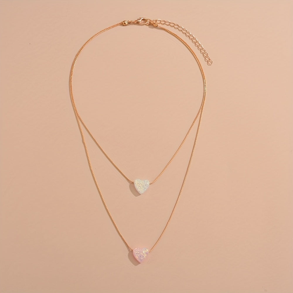 Acrylic Love Heart Pendant Double Layer Stacking Alloy Necklace For Women Girls