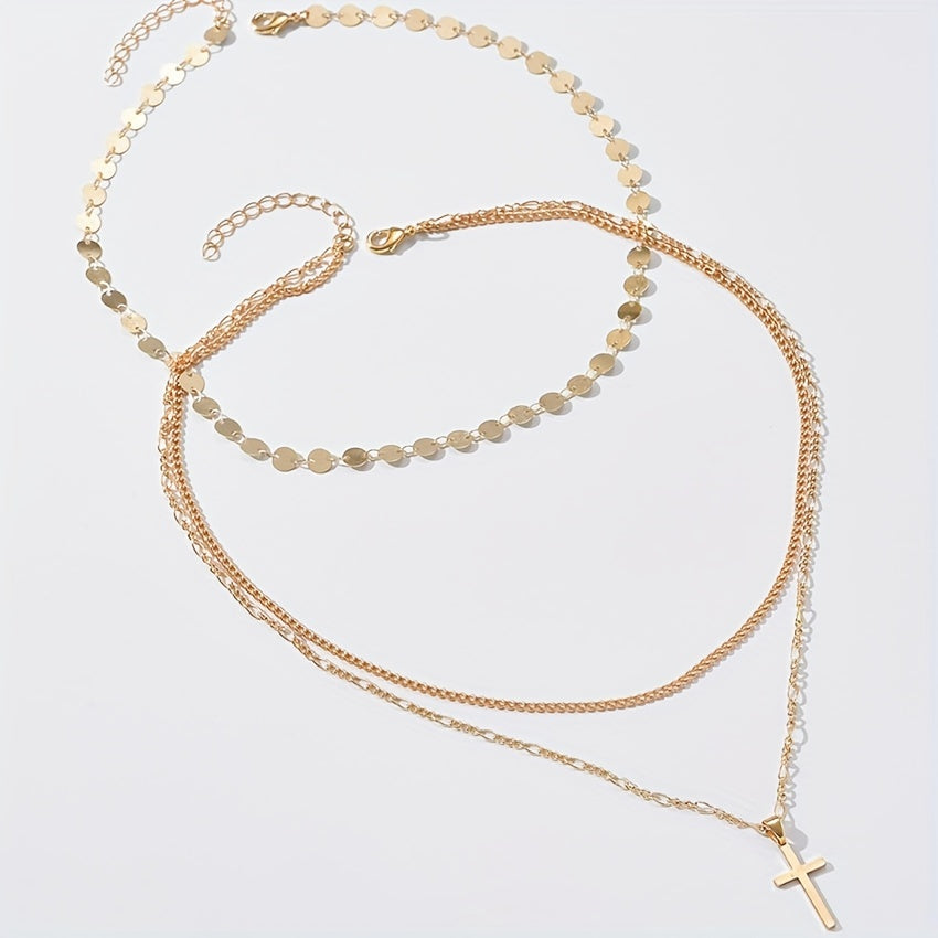 2pcs Cross & Round Disc Pendant Necklace