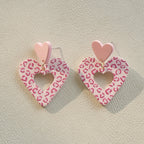 Pink Leopard Pattern Hollow Heart Design Dangle Earrings Retro Cute Style Acrylic Jewelry Exquisite Gift For Lovers