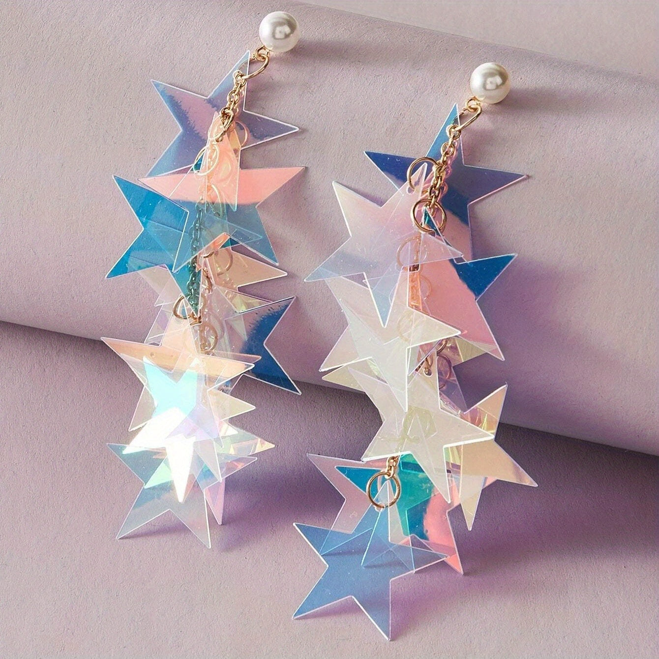 Pentagram Sequins Chain With Faux Pearl Decor Dangle Earrings Alloy Jewelry Creative Female Gift