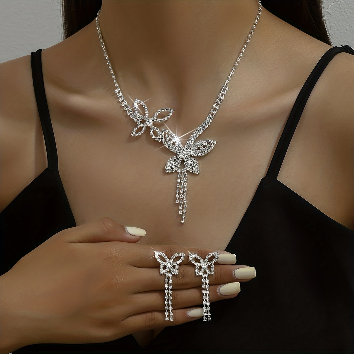 3pcs Earrings Plus Necklace Elegant Jewelry Set Silver Plated Inlaid Rhinestone Cute Butterfly Design Dainty Evening Party Decor For Female