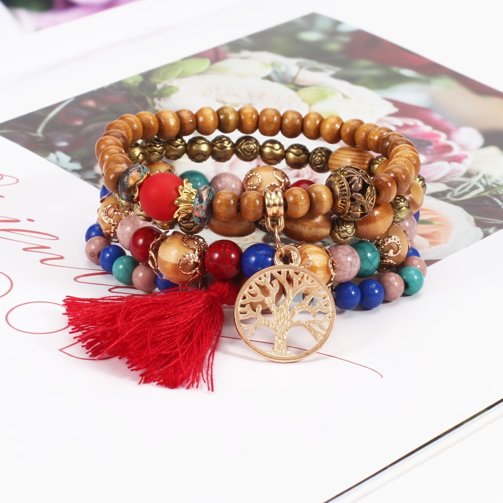 Bohemian Multilayer Beaded Bracelet with Tassel and Tree of Life Pendant - Stackable and Stretchable in Colorful Layers