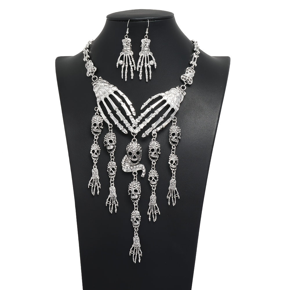 3pcs Earrings Plus Necklace Gothic Style Jewelry Set Trendy Skull Head And Skull Hand Design Golden Or Silvery Make Your Call Halloween Decor