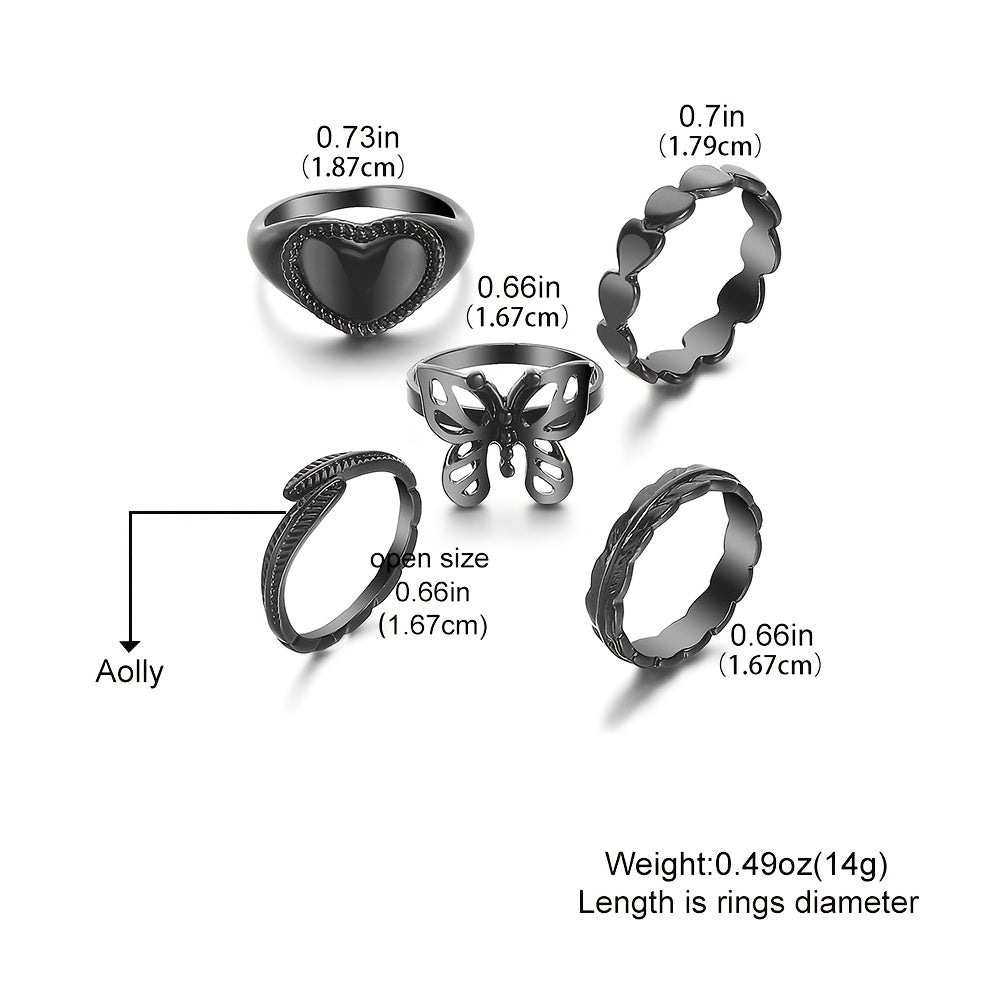 5pcs Black Heart Butterfly Rings Set