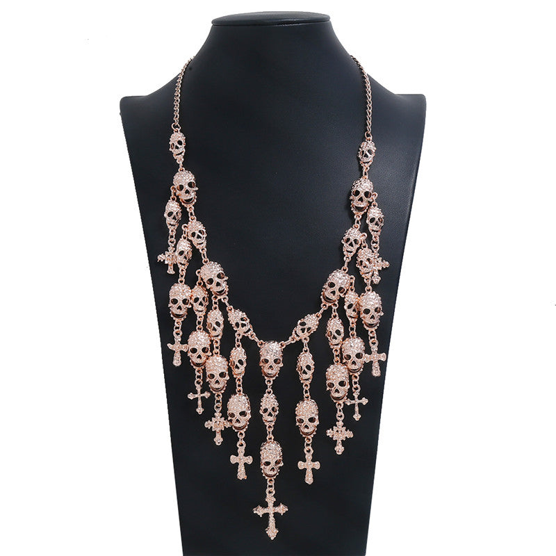 Make a Bold Statement with this Stylish Big Skull Cross Tassel Necklace