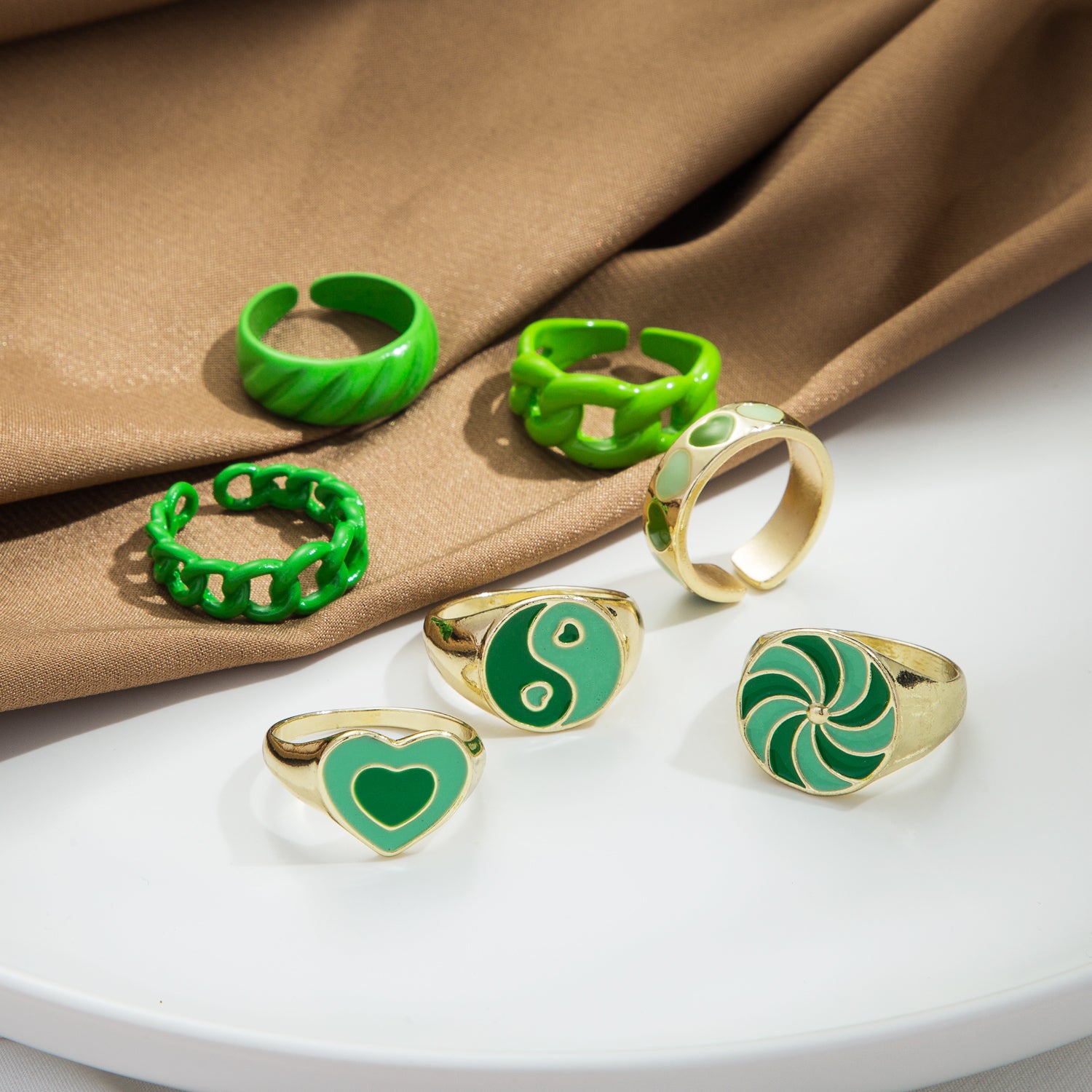 Punk Drip Oil Green Heart Geometric Chain Ring Set Of 7