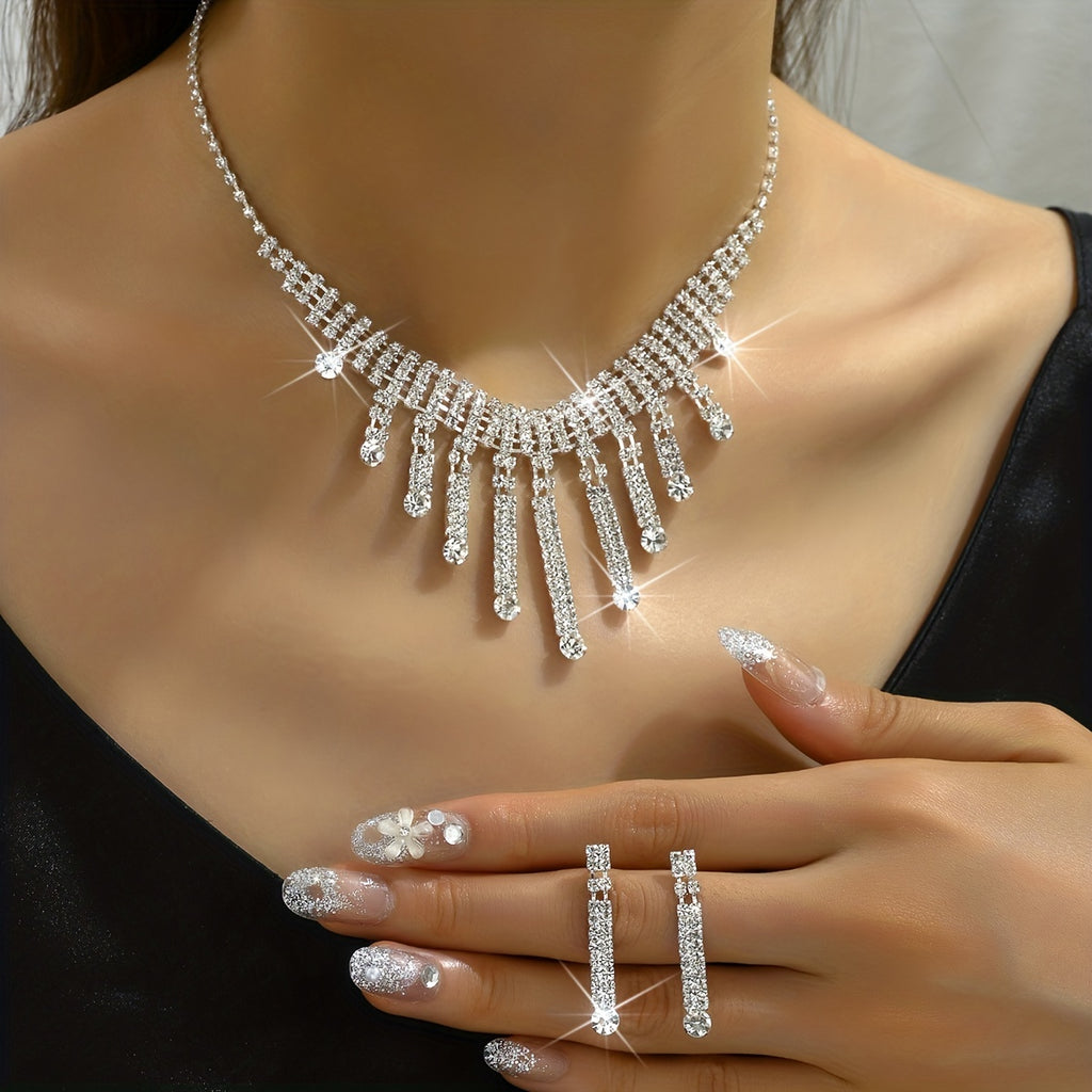 3pcs Earrings Plus Necklace Elegant Jewelry Set Silver Plated Inlaid Rhinestone Long Tassel Design Dainty Evening Party Decor