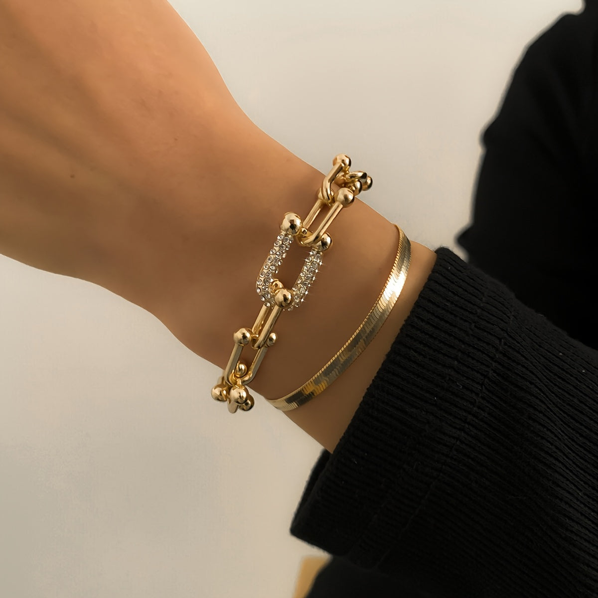 2-Piece Flat Snake Chain Diamond Bracelet Set Featuring U-shaped Buckle