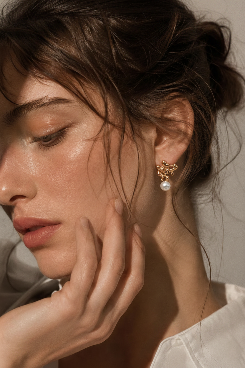 Fluid Lava Pearl Drop Earring Model Shot