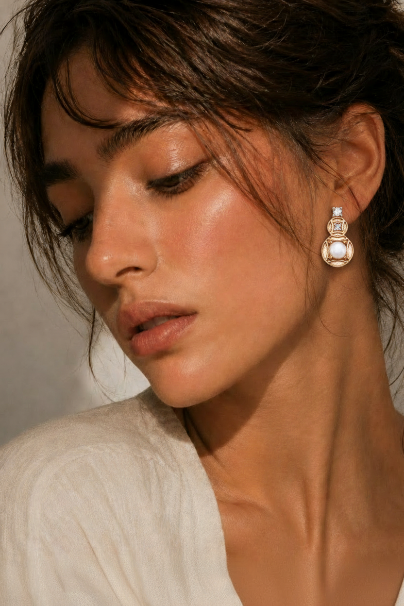 Fortune Gourd Pearl CZ Earring Model Shot