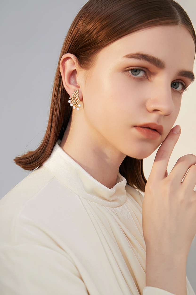 Gold Feather Pearl CZ Stud Earrings on Model