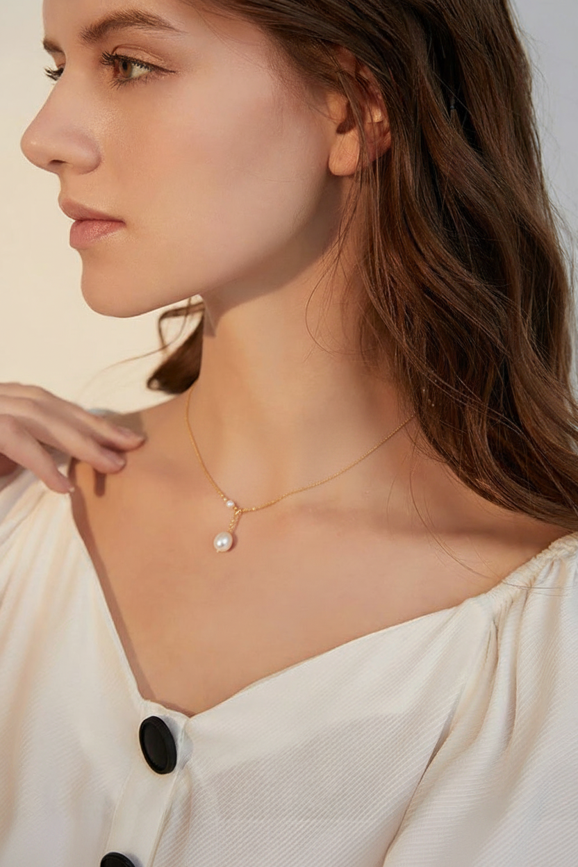 Gold Fine Chain Pearl Y-Drop Necklace on Model