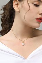 Gold Flower Bud Pearl Drop Necklace on Model v2