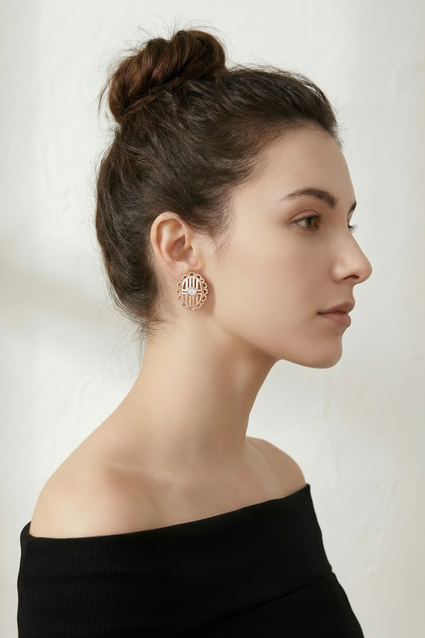 Gold Oval Filigree CZ Stud Earring Model Shot