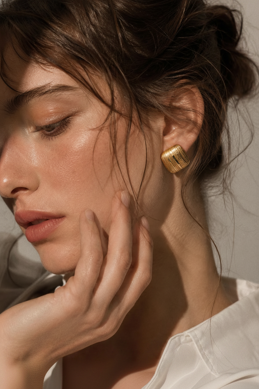Gold Ribbed Cushion Square Stud Earring Model Shot