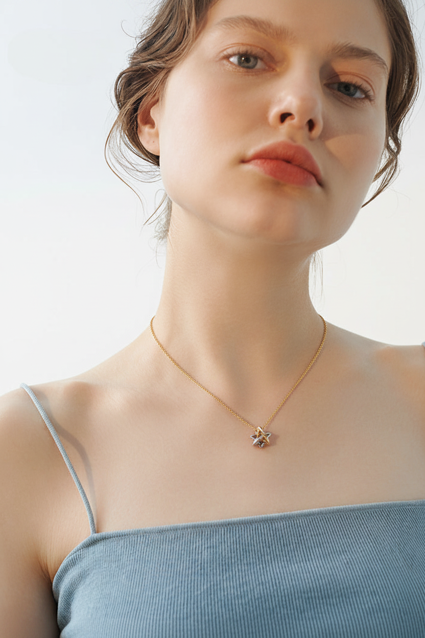 Gold Star Pendant Necklace on Model
