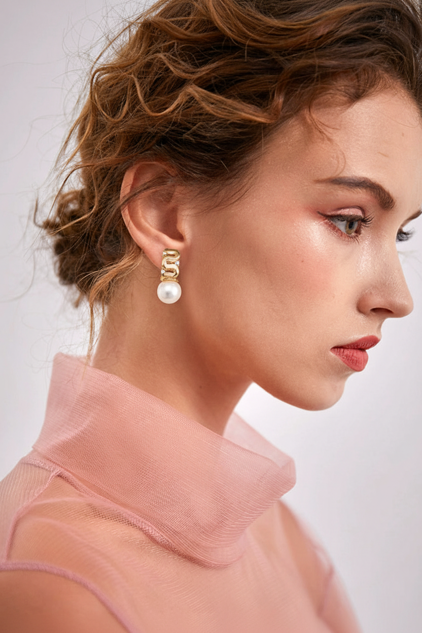 Gold Wave Pearl Drop Earring on Model