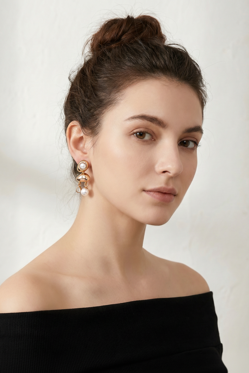 Golden Dew Drop Pearl CZ Three-Tier Earring - Model Shot