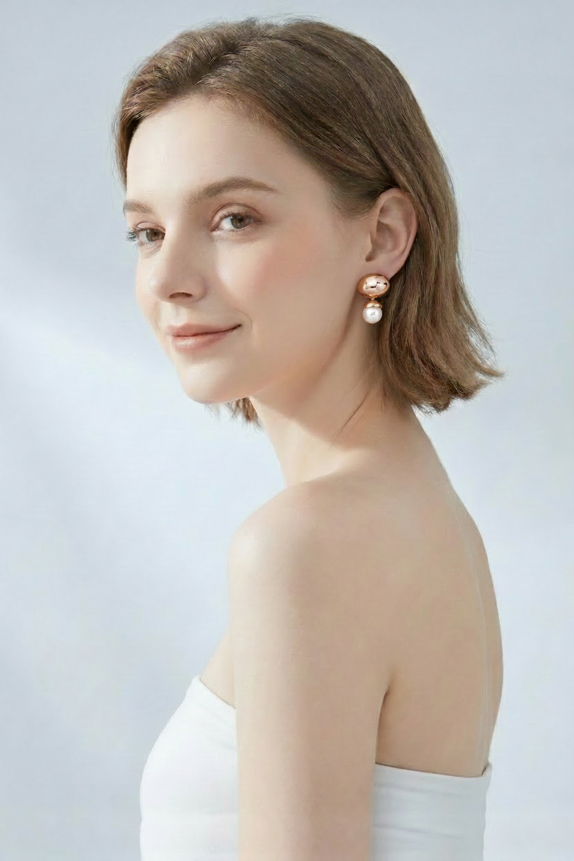 Golden Dew Drop Pearl Earring - Model Shot