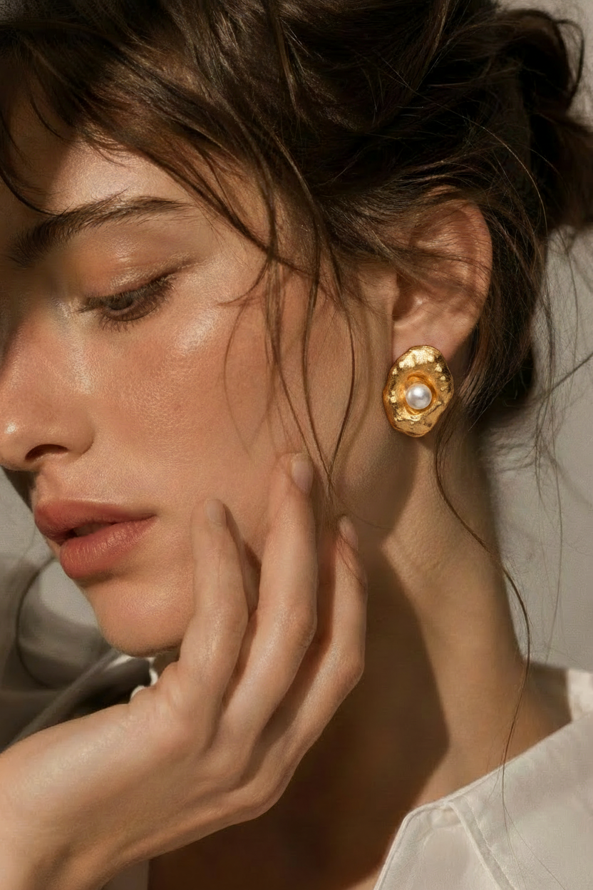 Handcrafted Forged Pearl Stud Earring Model Shot