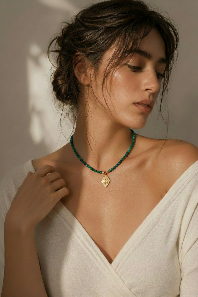 Malachite Evil Eye Pendant Necklace Model Shot