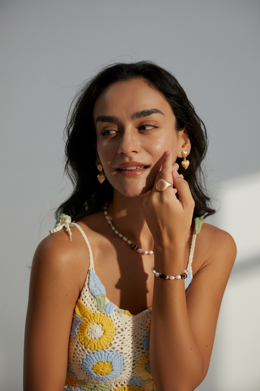 Model - Double Heart Earrings & Heart Ring