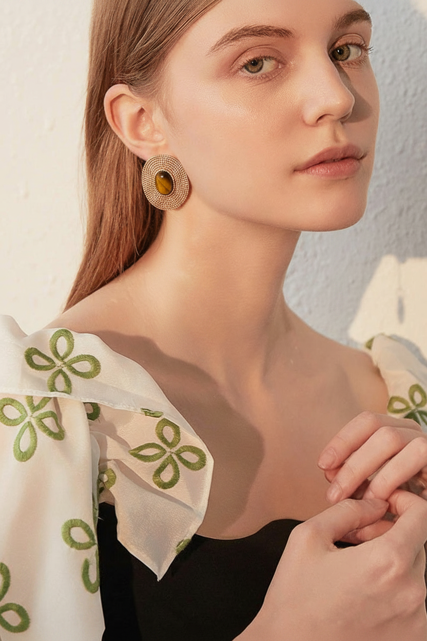 Model - Tiger's Eye Oval Stud Earrings
