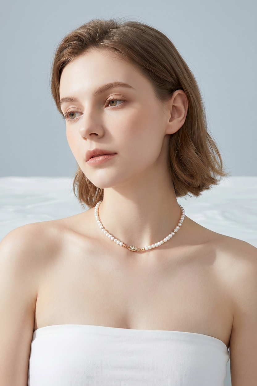Natural Pearl CZ Satellite Necklace Model Shot