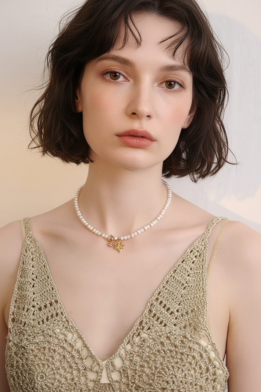 Pearl Charm Necklace on Model