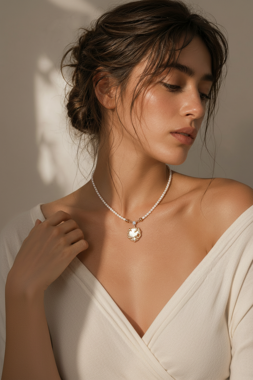 Pearl Opal Lava Pendant Necklace - Asymmetric Model Shot