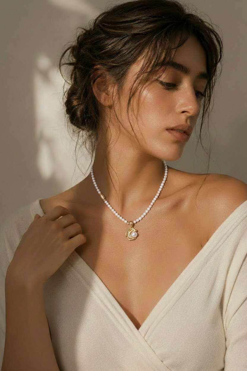 Pearl Oyster Pendant Necklace Model Shot