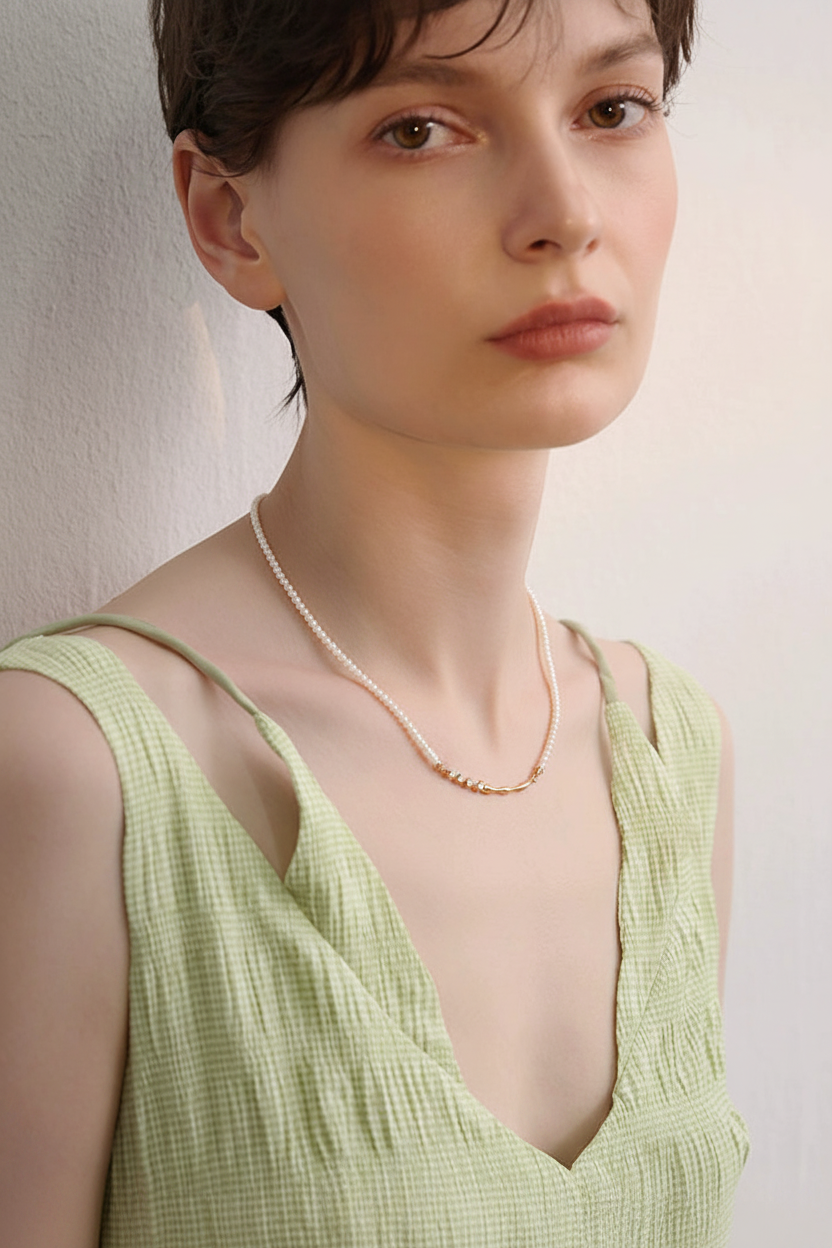 Pearl Seed Necklace with CZ & Twig Bar on Model