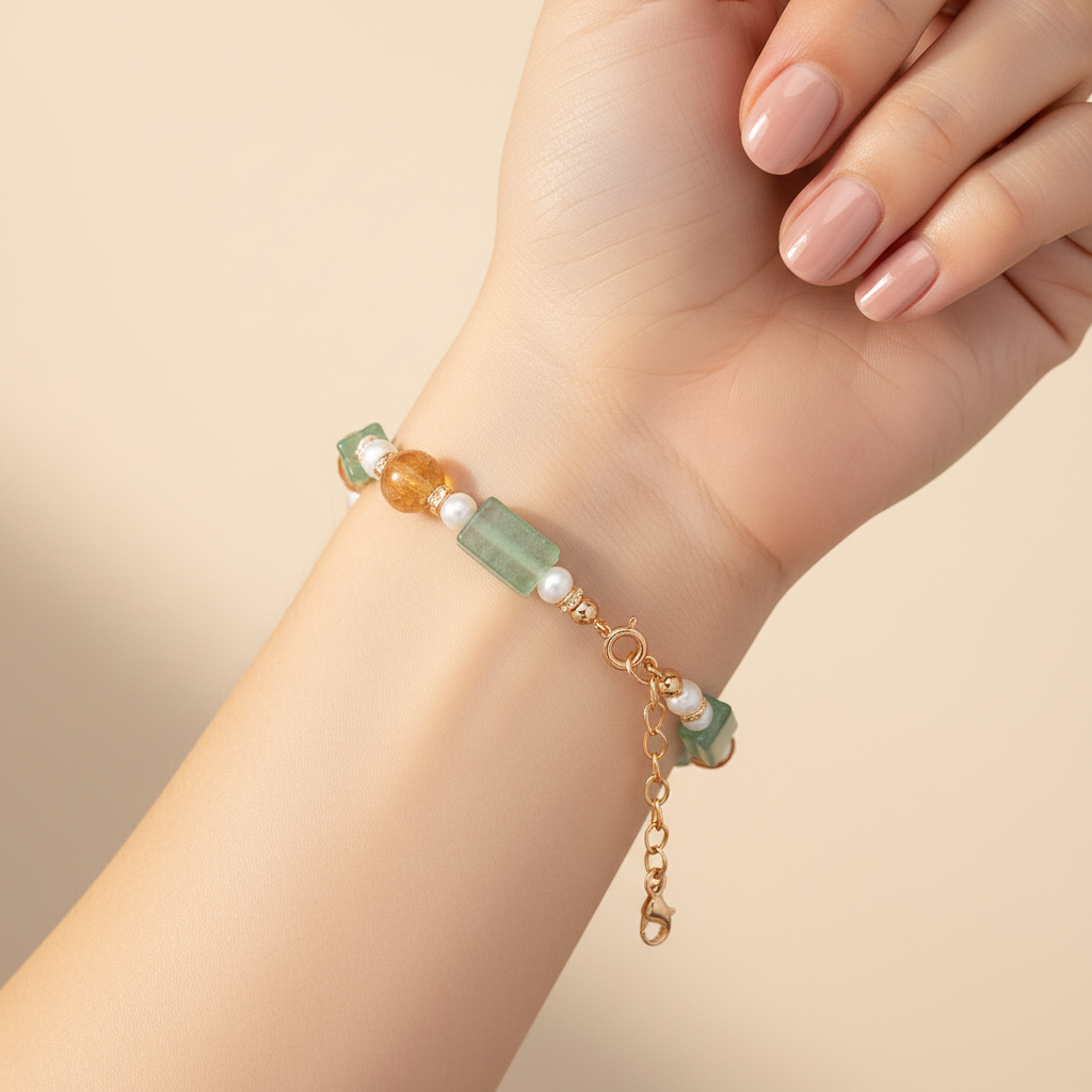 Prehnite Citrine Pearl Bracelet - Wrist Model Shot