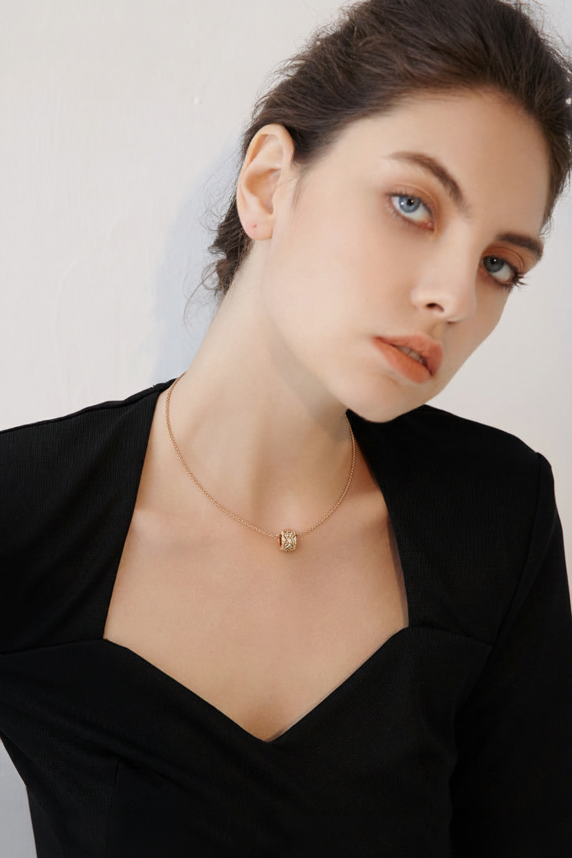 Rose Gold Filigree Barrel Pendant Necklace on Model