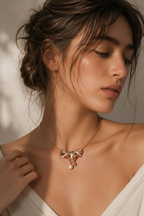 Sculptural Bow Pearl Drop Necklace Model Shot