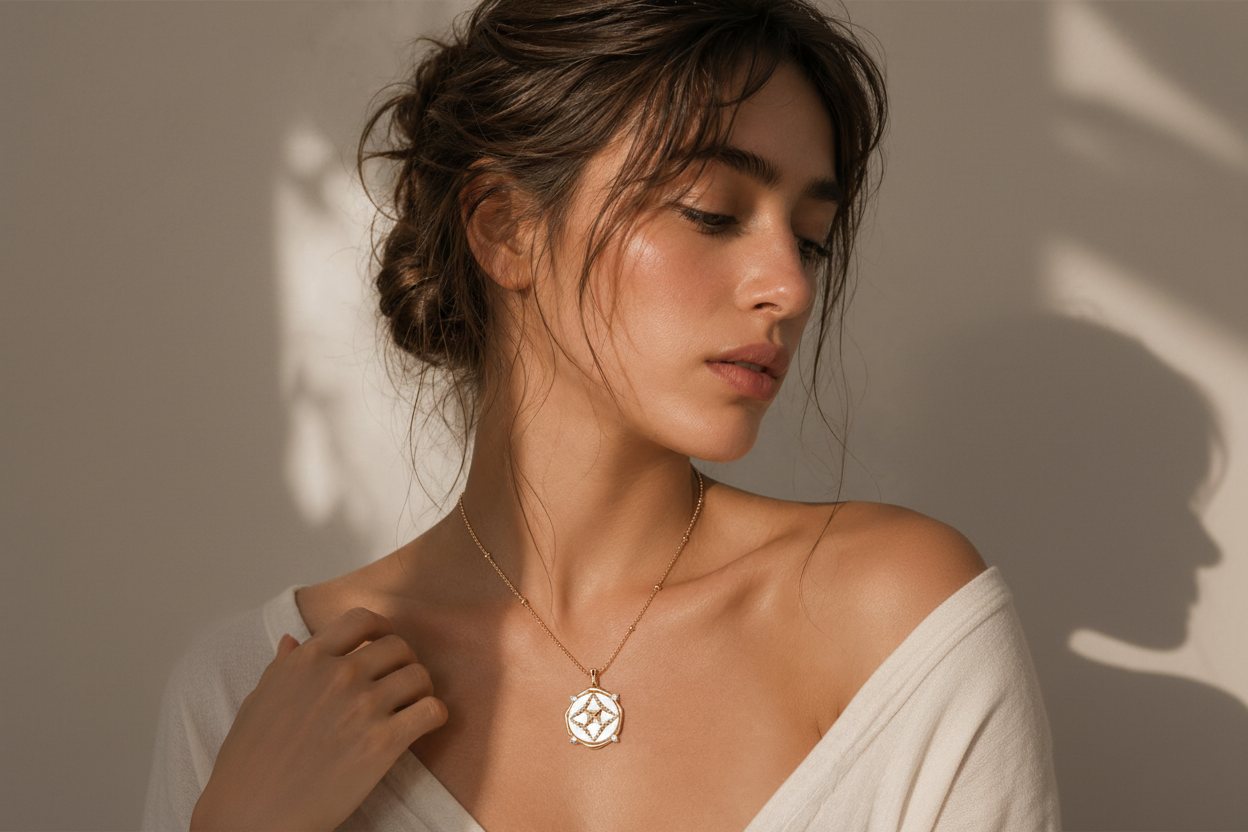 Star Coin Pendant Necklace - Mother of Pearl Model Shot