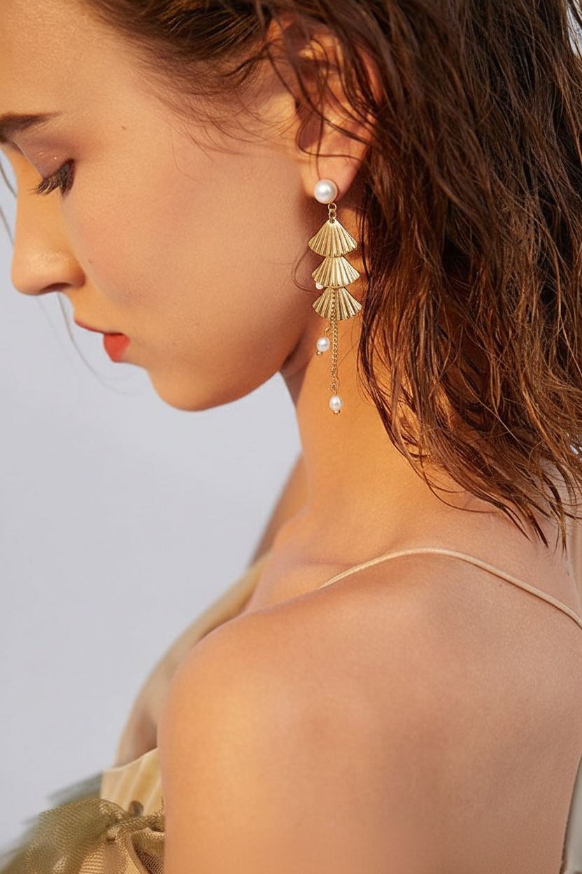 Triple Fan Shell Pearl Earring 4cm on Model