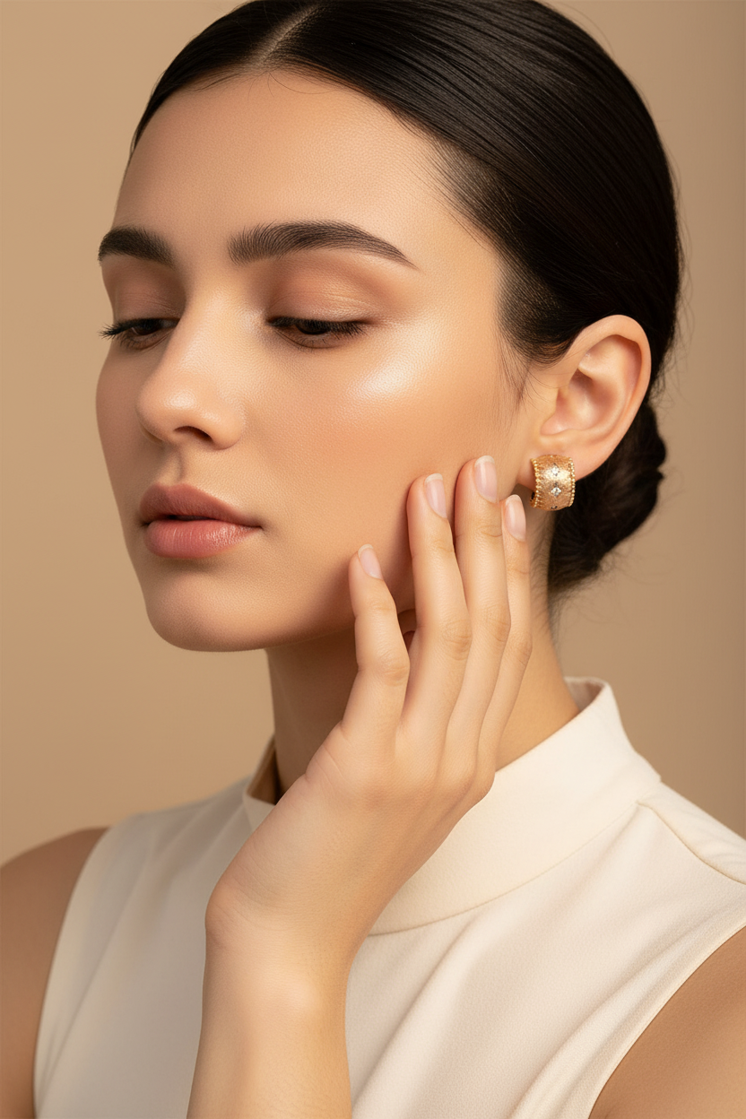 Vintage Gold Satin Huggie Earring Model Shot