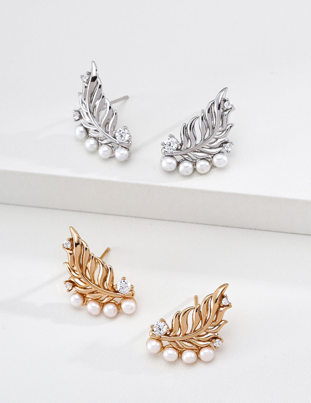 S925 Silver Vintage Zirconia Pearl Leaf Earrings LOJ17
