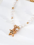 S925 Silver Natural Pearl Bracelet with Star & CZ Charms LOJ21