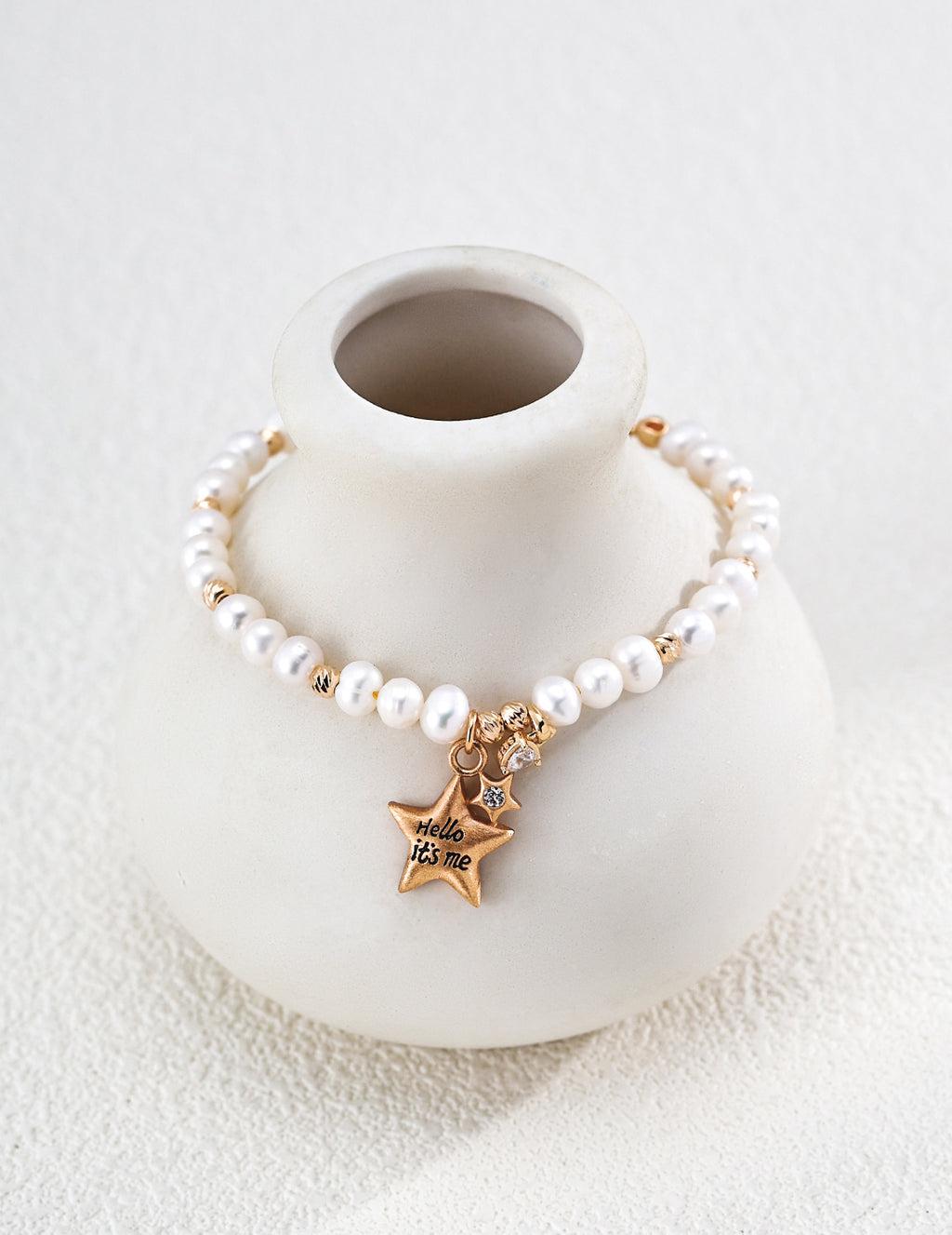 S925 Silver Natural Pearl Bracelet with Star & CZ Charms LOJ21