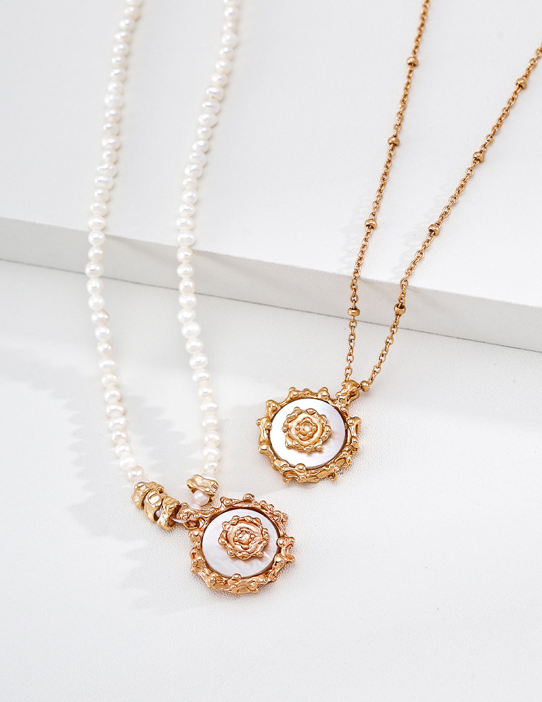 S925 Silver Natural Pearl & Mother-of-Pearl Sun Medallion Necklace LOJ26
